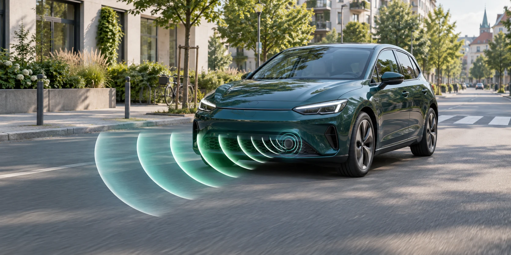 Elektroauto bei niedriger Geschwindigkeit mit dargestellten Schallwellen des AVAS-Warnsystems