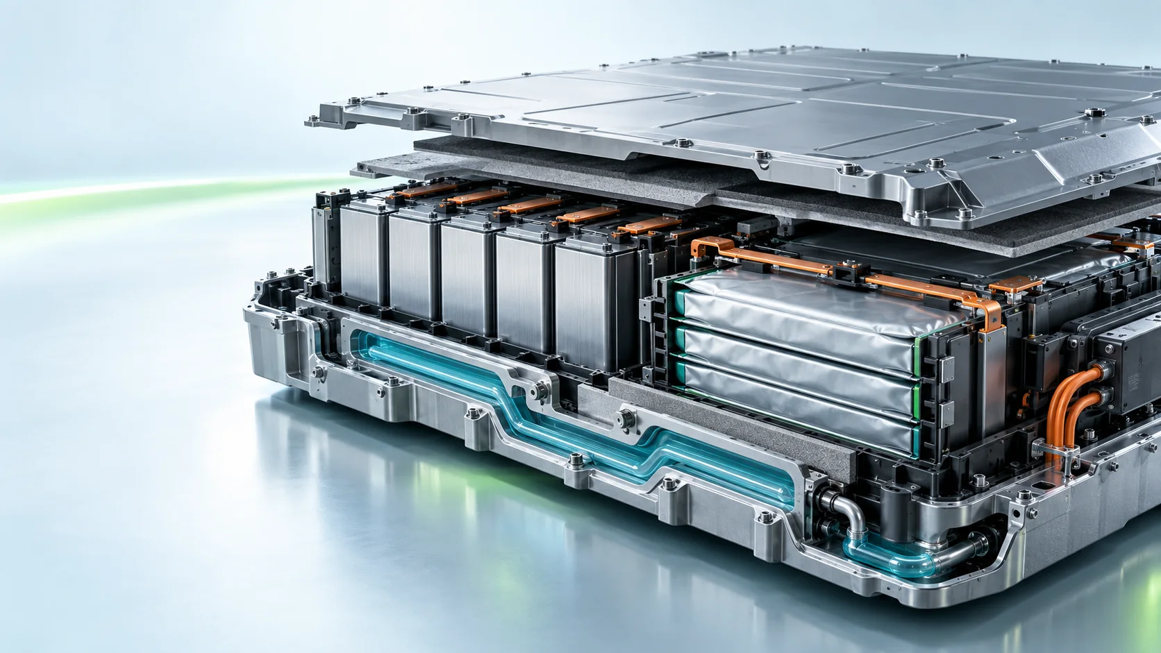 Geöffnetes Batteriepaket eines Elektroautos mit Zellmodulen und Kühlkanälen