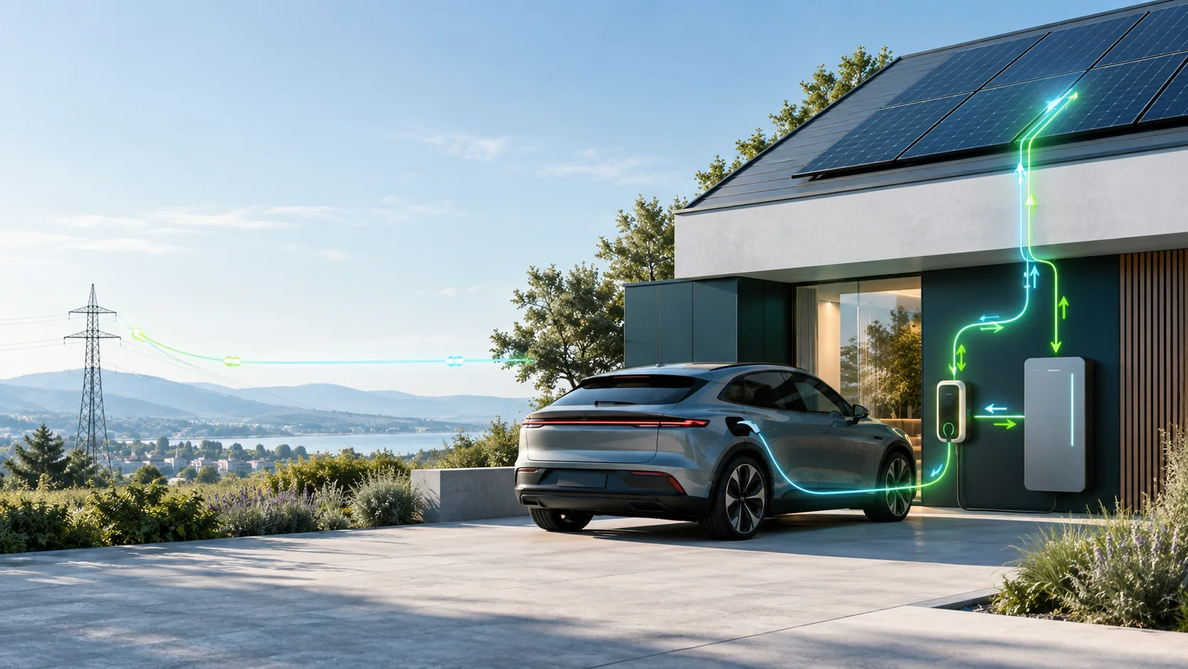 Elektroauto, Haus, Solaranlage und Stromnetz beim bidirektionalen Energieaustausch