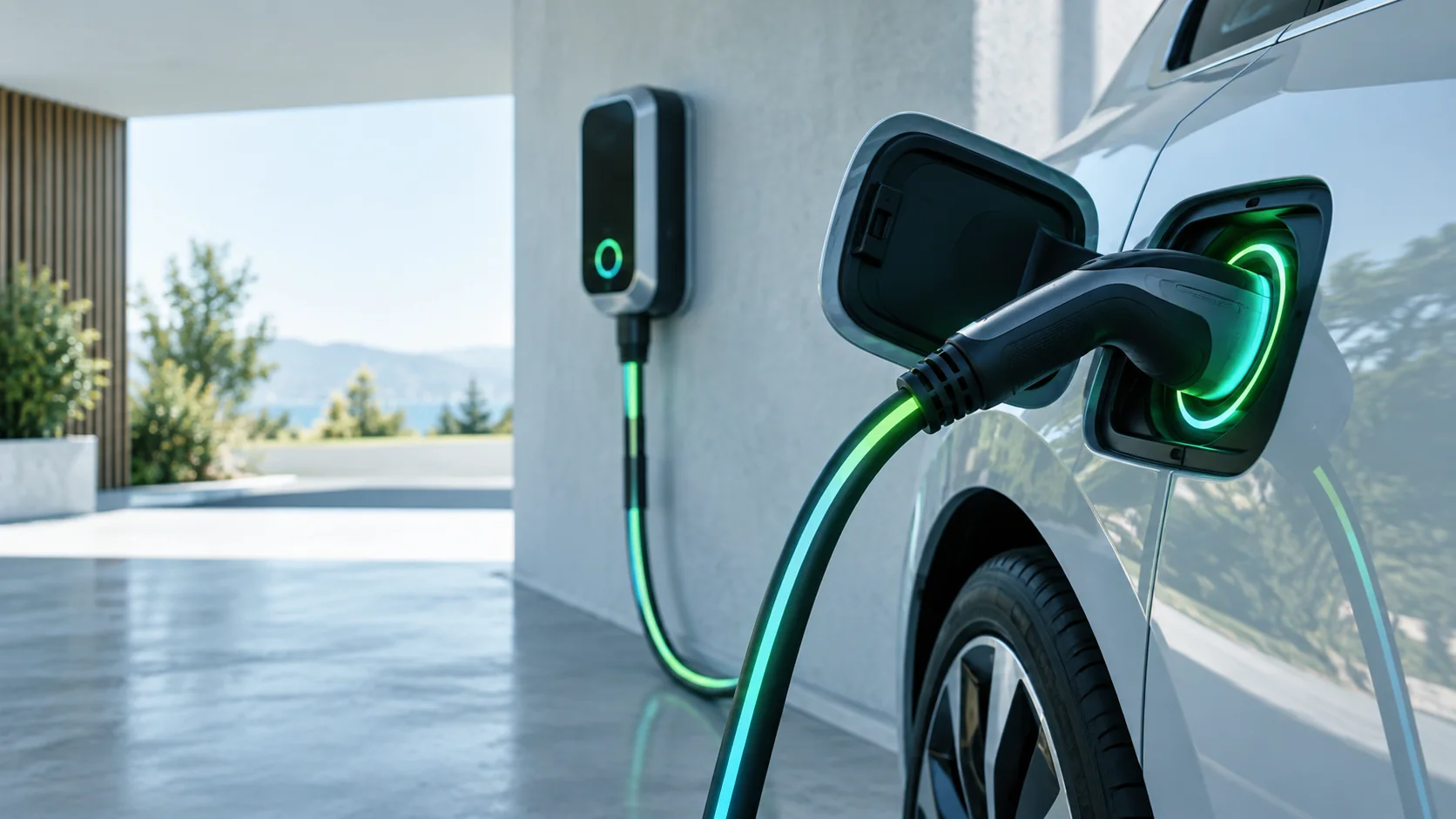 Elektroauto beim Laden an einer Wallbox mit eingestecktem Ladekabel