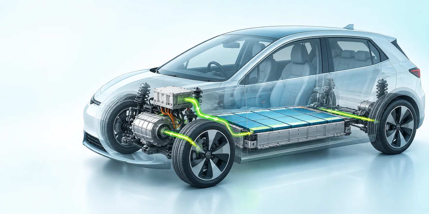 Technische Schnittillustration eines Elektroautos mit Batterie und elektrischem Antrieb