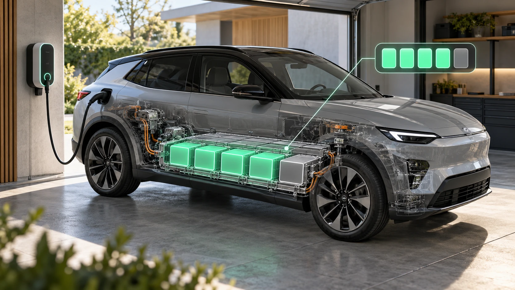 Elektroauto an einer Wallbox mit sichtbarem Batteriepaket und einer Ladeanzeige mit vier von fünf gefüllten Segmenten